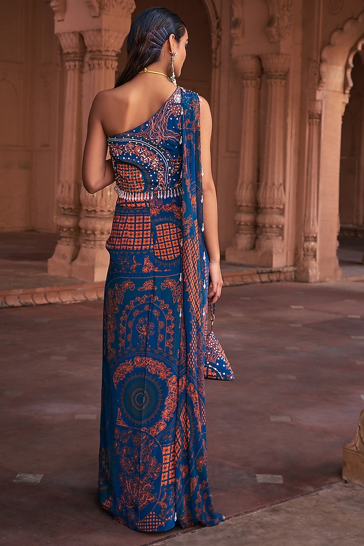 Teal Crepe & Georgette Printed Skirt Set by DiyaRajvvir at Pernia's Pop Up Shop