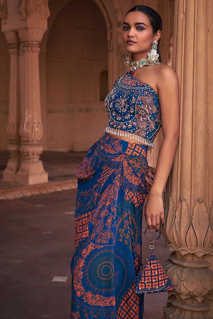 Teal Crepe & Georgette Printed Skirt Set by DiyaRajvvir at Pernia's Pop Up Shop