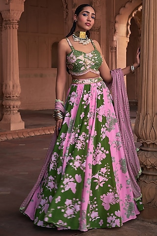 Sage Green & Pink Georgette Printed Lehenga Set by DiyaRajvvir