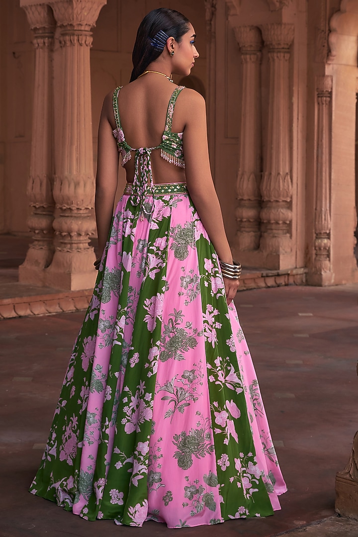 Sage Green & Pink Georgette Printed Wedding Lehenga Set by DiyaRajvvir at Pernia's Pop Up Shop
