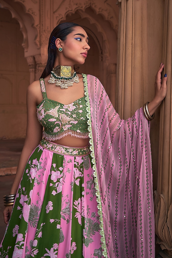 Sage Green & Pink Georgette Printed Wedding Lehenga Set by DiyaRajvvir at Pernia's Pop Up Shop