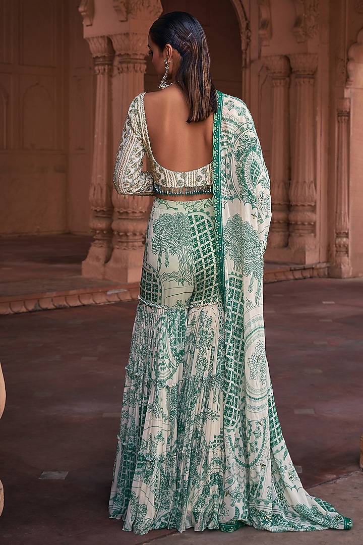Dark Green Crepe & Georgette Printed Gharara Set by DiyaRajvvir at Pernia's Pop Up Shop