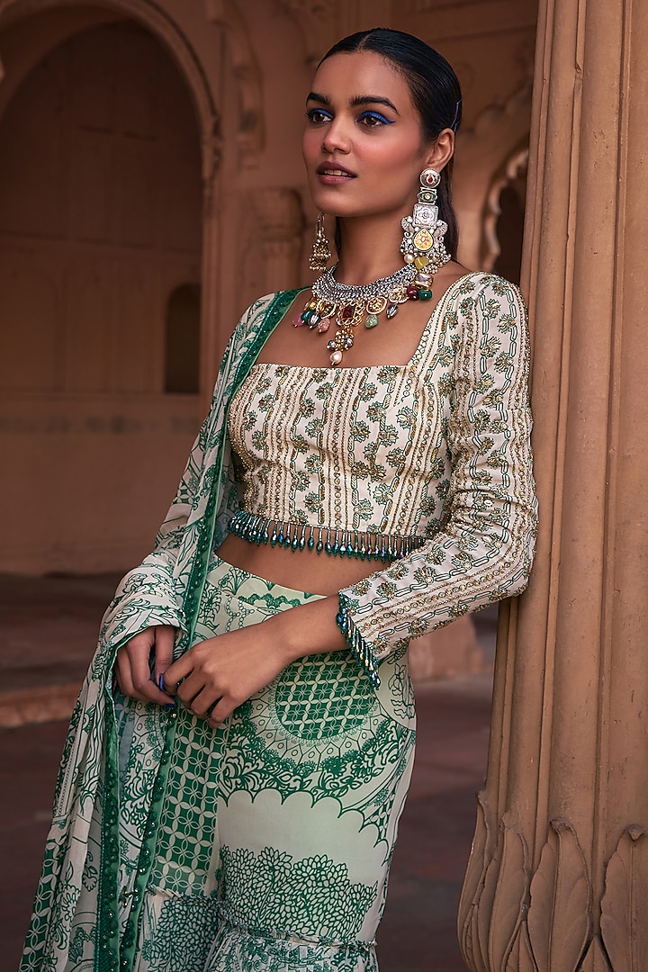 Dark Green Crepe & Georgette Printed Gharara Set by DiyaRajvvir at Pernia's Pop Up Shop