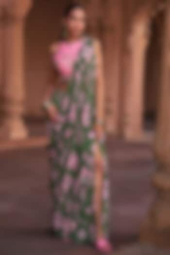 Sage Green Crepe & Georgette Floral Printed Skirt Saree Set by DiyaRajvvir