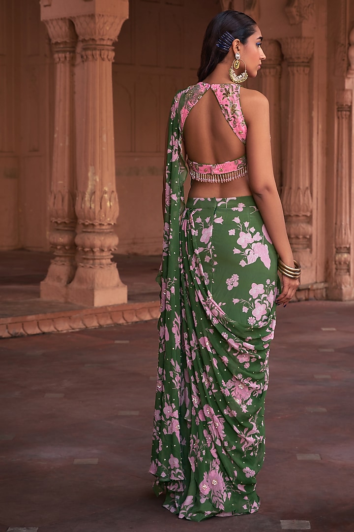 Sage Green Crepe & Georgette Floral Printed Skirt Wedding Saree Set by DiyaRajvvir at Pernia's Pop Up Shop