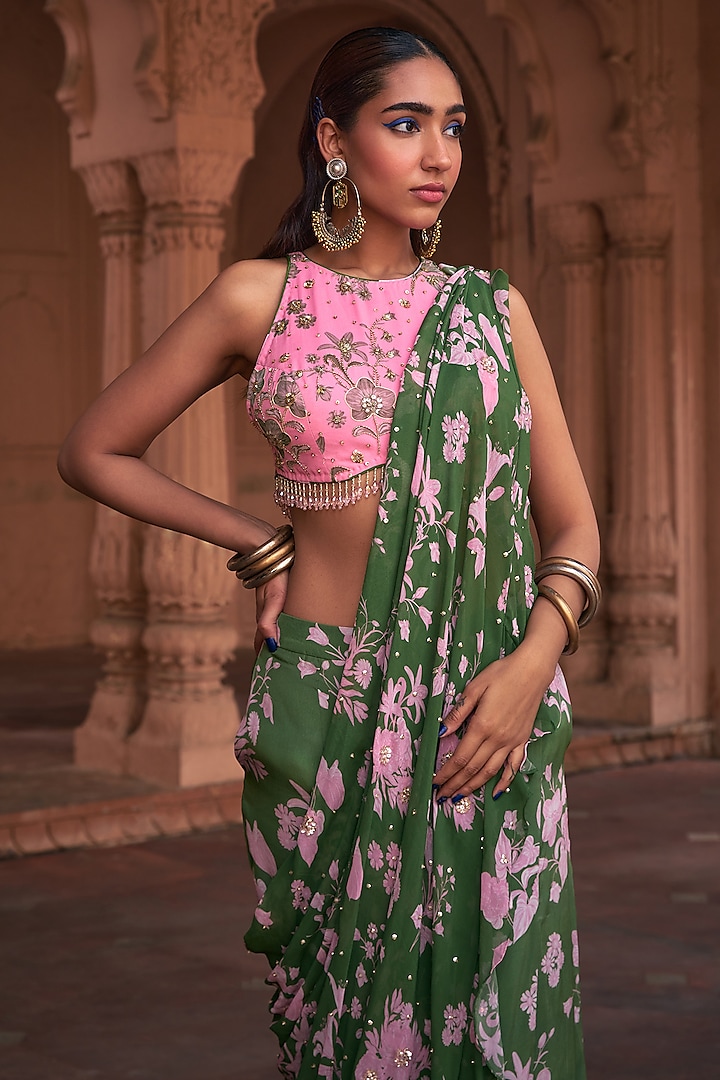 Sage Green Crepe & Georgette Floral Printed Skirt Wedding Saree Set by DiyaRajvvir at Pernia's Pop Up Shop