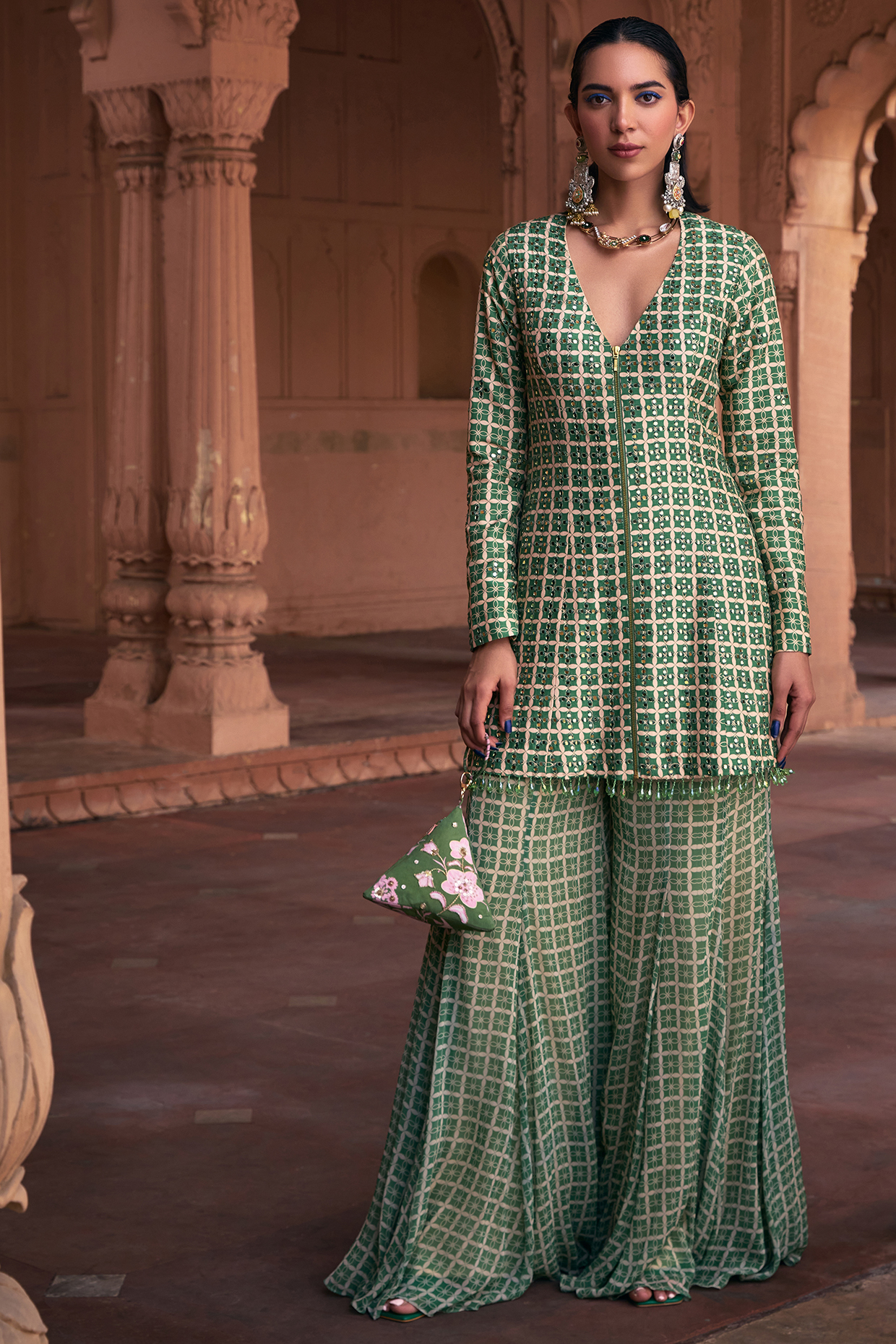 Sage Green Dola Silk & Georgette Printed Jacket Set by DiyaRajvvir at Pernia's Pop Up Shop