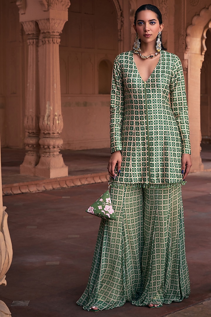 Sage Green Dola Silk & Georgette Printed Jacket Set by DiyaRajvvir at Pernia's Pop Up Shop
