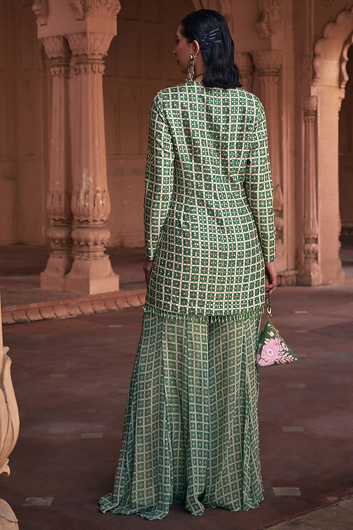 Sage Green Dola Silk & Georgette Printed Jacket Set by DiyaRajvvir at Pernia's Pop Up Shop