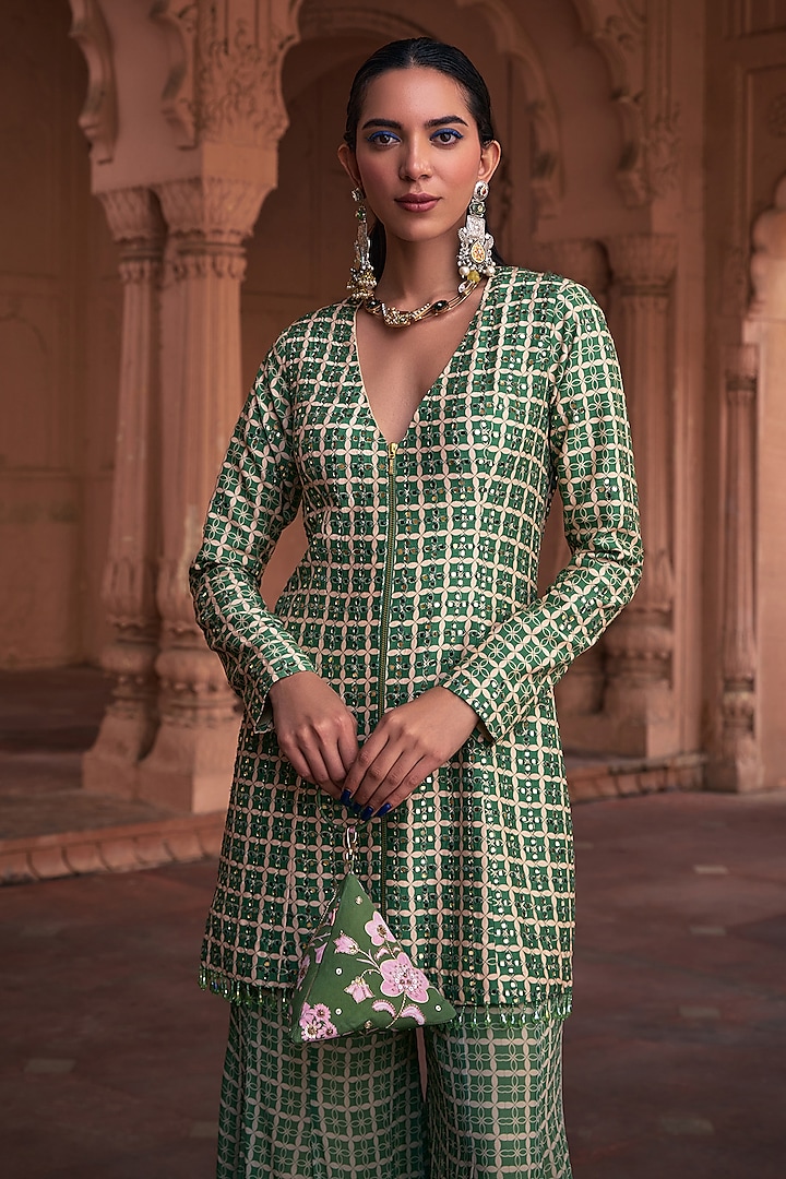 Sage Green Dola Silk & Georgette Printed Jacket Set by DiyaRajvvir at Pernia's Pop Up Shop