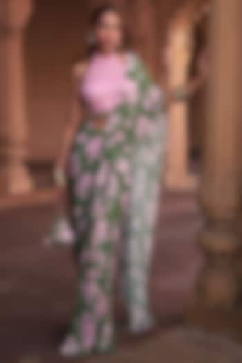 Sage Green Tulle & Crepe Floral Printed Skirt Saree Set by DiyaRajvvir