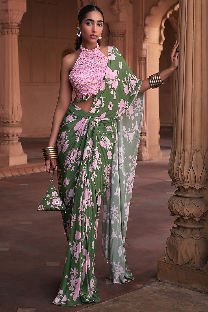 Sage Green Tulle & Crepe Floral Printed Skirt Saree Set by DiyaRajvvir