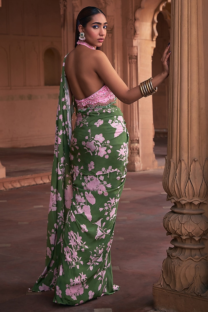 Sage Green Tulle & Crepe Floral Printed Skirt Wedding Saree Set by DiyaRajvvir at Pernia's Pop Up Shop