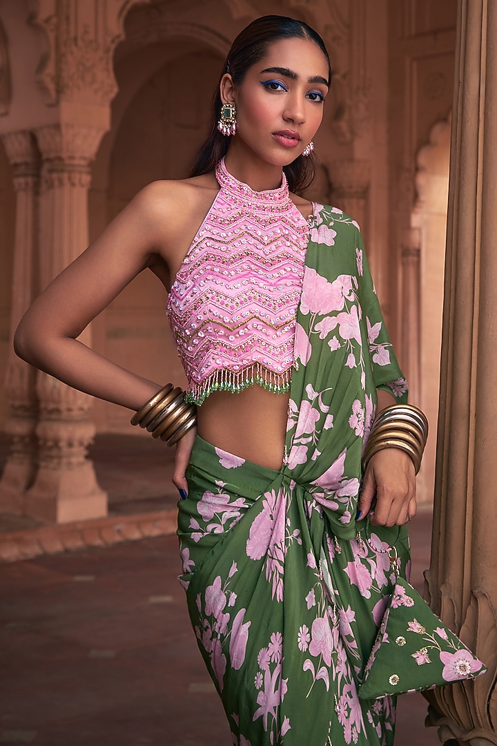 Sage Green Tulle & Crepe Floral Printed Skirt Wedding Saree Set by DiyaRajvvir at Pernia's Pop Up Shop