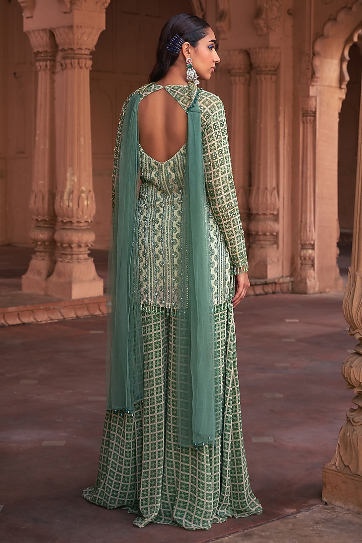 Sage Green Georgette & Tulle Grid Printed Wedding Sharara Set by DiyaRajvvir at Pernia's Pop Up Shop