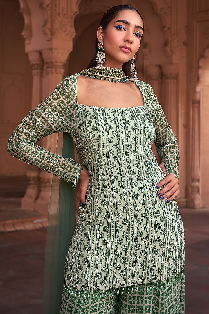 Sage Green Georgette & Tulle Grid Printed Wedding Sharara Set by DiyaRajvvir at Pernia's Pop Up Shop