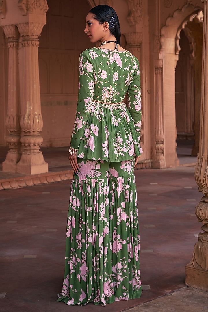 Sage Green Crepe Floral Printed Gharara Set by DiyaRajvvir at Pernia's Pop Up Shop