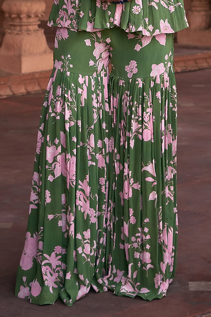 Sage Green Crepe Floral Printed Gharara Set by DiyaRajvvir at Pernia's Pop Up Shop