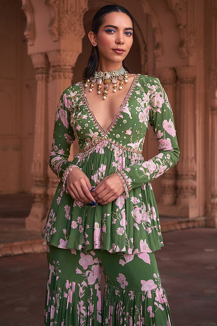 Sage Green Crepe Floral Printed Gharara Set by DiyaRajvvir at Pernia's Pop Up Shop