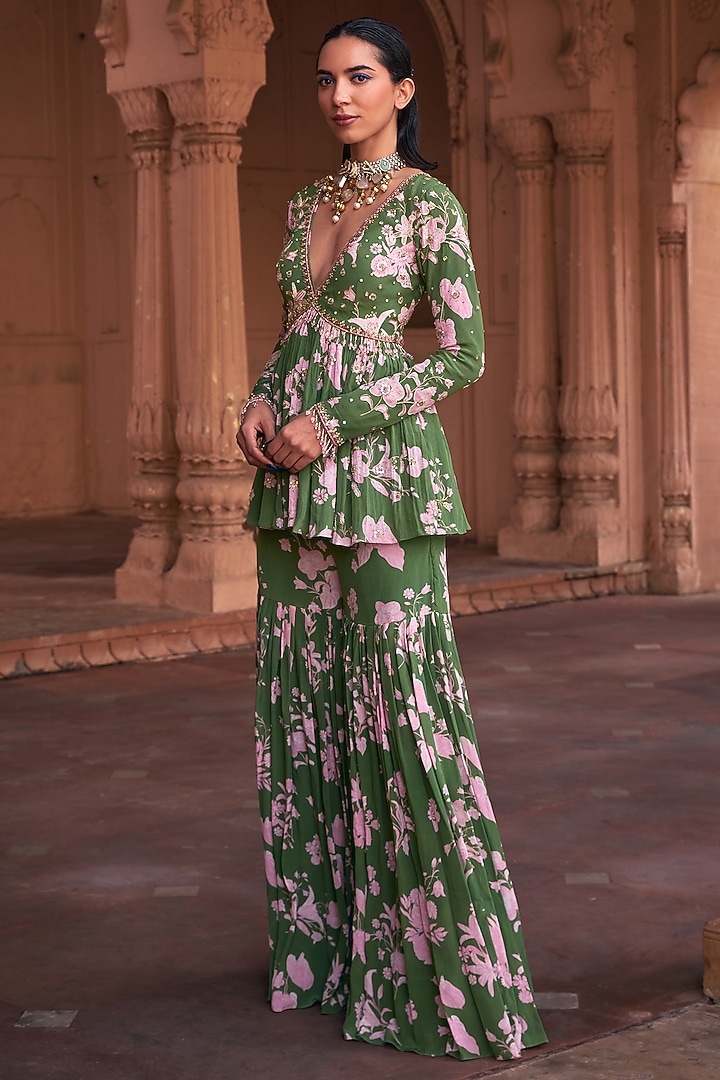 Sage Green Crepe Floral Printed Gharara Set by DiyaRajvvir at Pernia's Pop Up Shop
