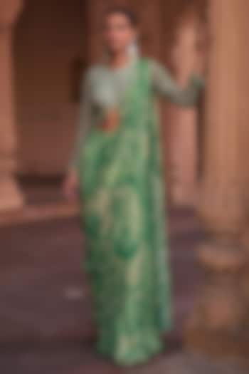 Sage Green Georgette & Crepe Thikri Printed Sharara Pant Saree Set by DiyaRajvvir