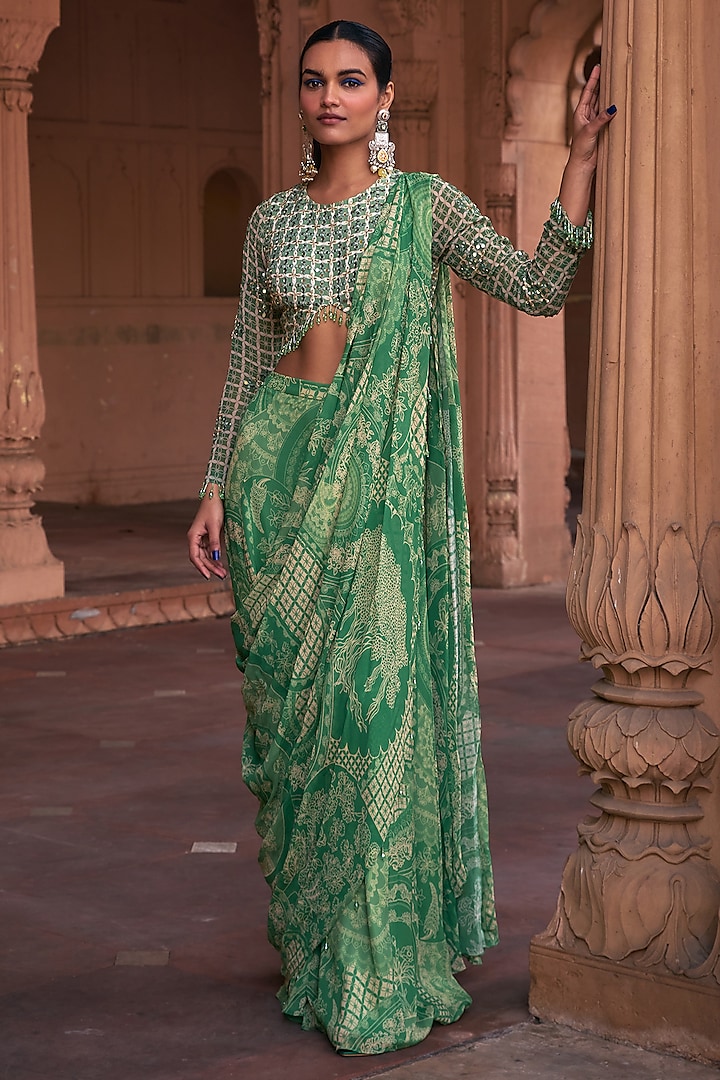 Sage Green Georgette & Crepe Thikri Printed Sharara Pant Saree Set by DiyaRajvvir
