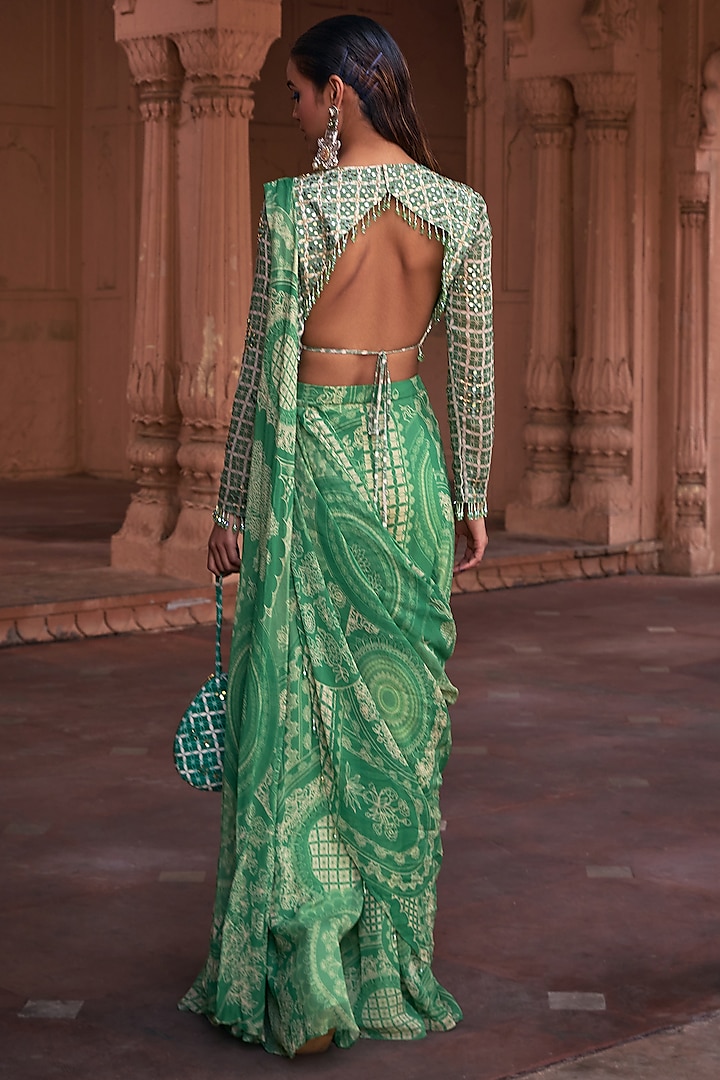 Sage Green Georgette & Crepe Thikri Printed Sharara Pant Wedding Saree Set by DiyaRajvvir at Pernia's Pop Up Shop