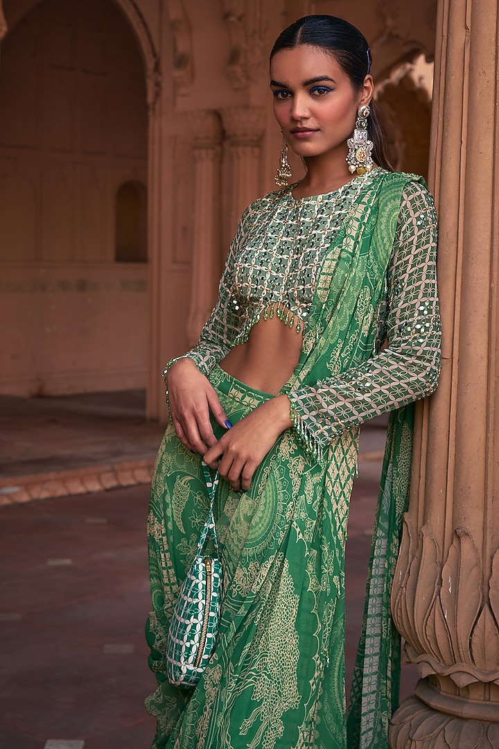 Sage Green Georgette & Crepe Thikri Printed Sharara Pant Wedding Saree Set by DiyaRajvvir at Pernia's Pop Up Shop