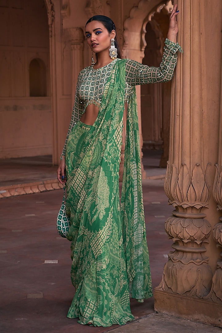 Sage Green Georgette & Crepe Thikri Printed Sharara Pant Wedding Saree Set by DiyaRajvvir at Pernia's Pop Up Shop