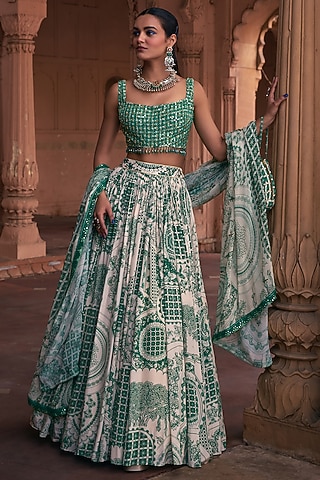 Dark Green Crepe & Georgette Grid Printed Lehenga Set by DiyaRajvvir