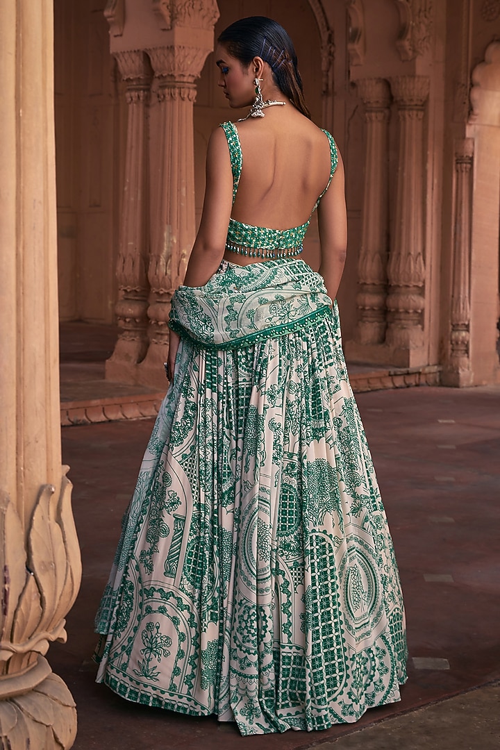 Dark Green Crepe & Georgette Grid Printed Wedding Lehenga Set by DiyaRajvvir at Pernia's Pop Up Shop