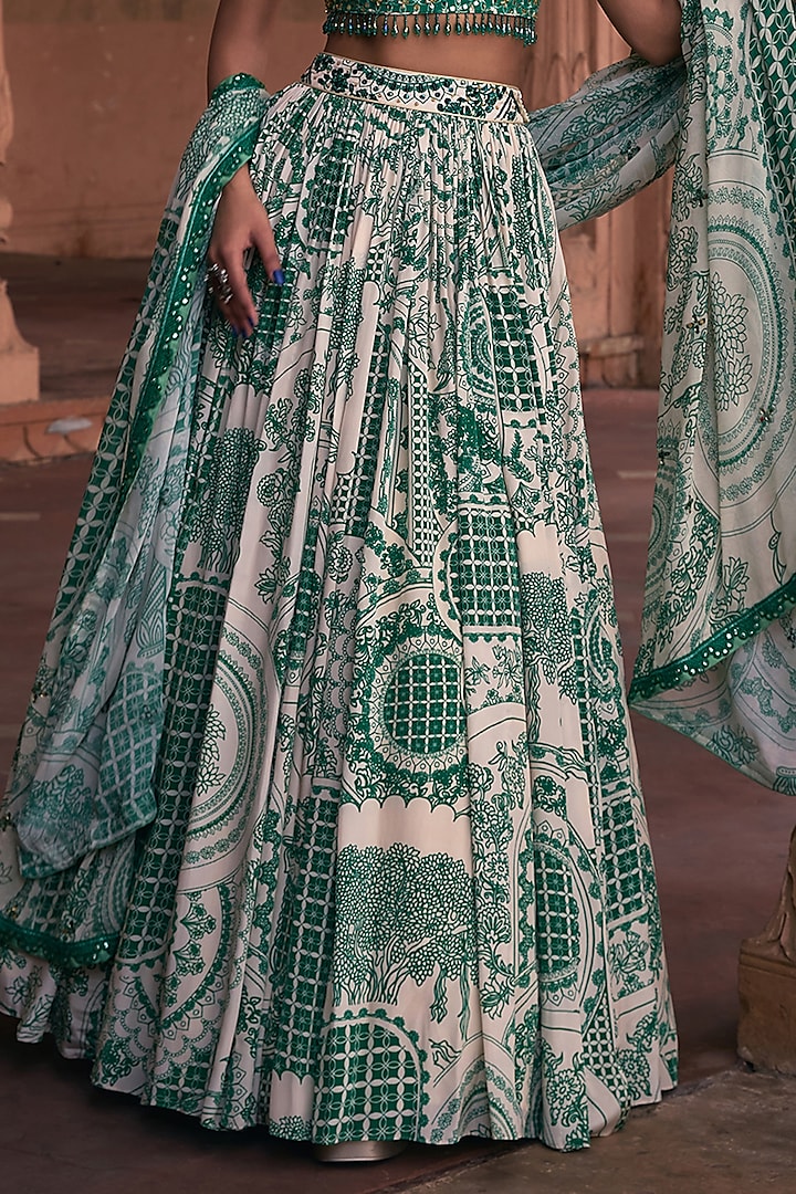 Dark Green Crepe & Georgette Grid Printed Wedding Lehenga Set by DiyaRajvvir at Pernia's Pop Up Shop