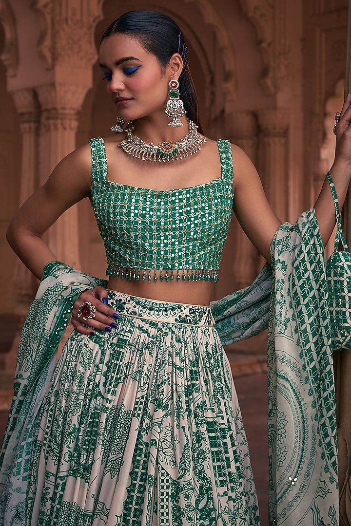 Dark Green Crepe & Georgette Grid Printed Wedding Lehenga Set by DiyaRajvvir at Pernia's Pop Up Shop