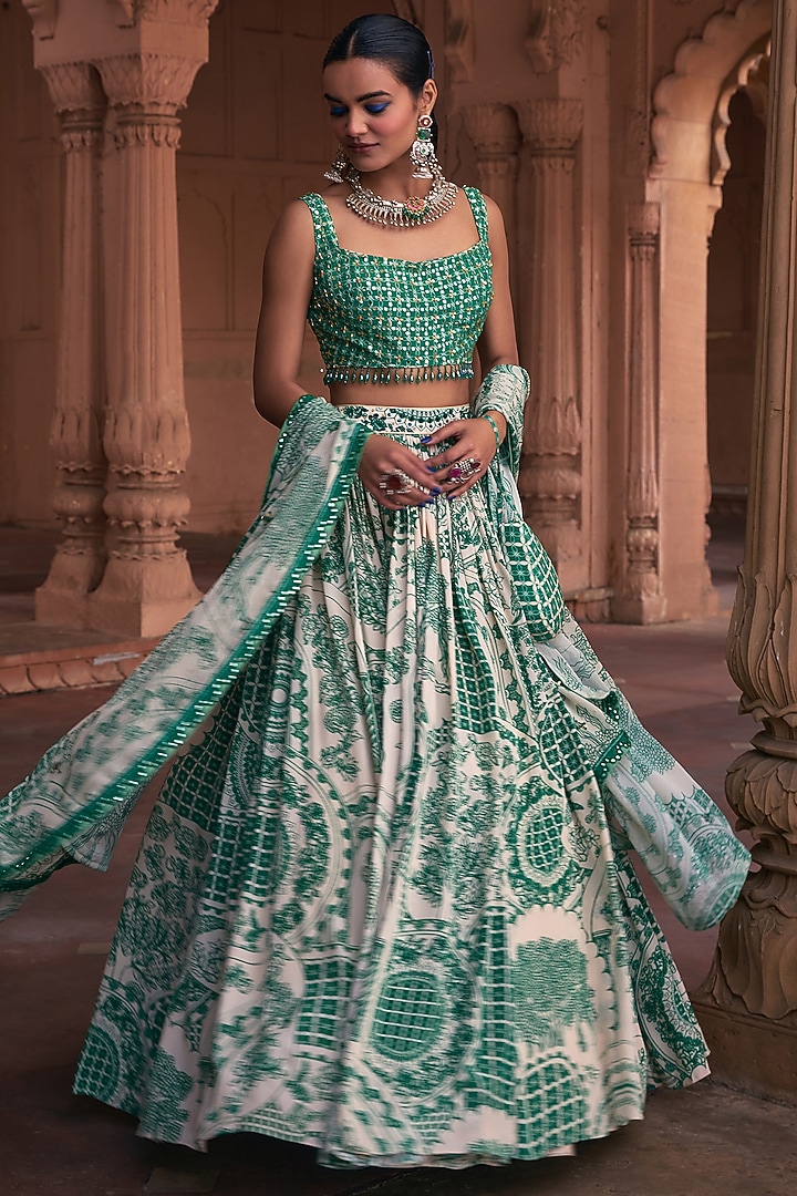 Dark Green Crepe & Georgette Grid Printed Wedding Lehenga Set by DiyaRajvvir at Pernia's Pop Up Shop