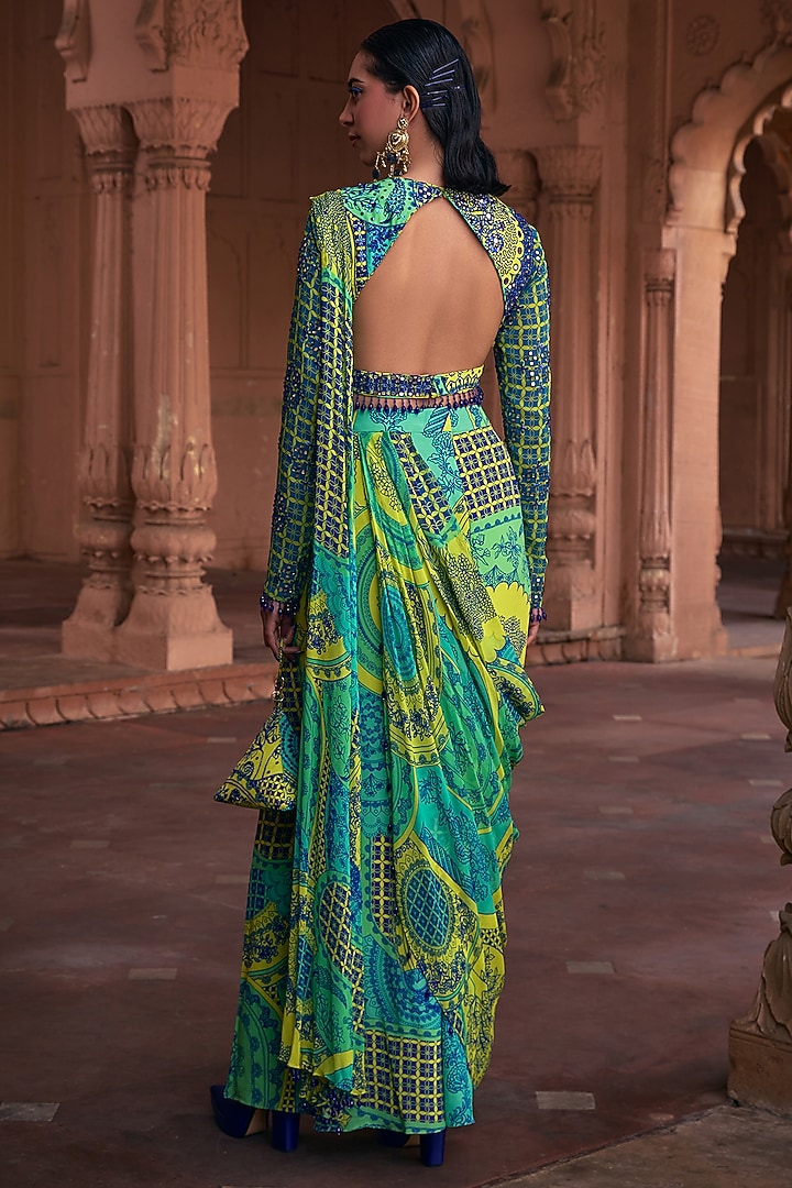 Lime Yellow Georgette & Crepe Thikri Printed Skirt Wedding Saree Set by DiyaRajvvir at Pernia's Pop Up Shop