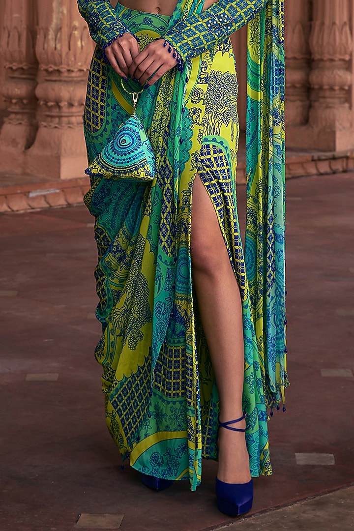 Lime Yellow Georgette & Crepe Thikri Printed Skirt Wedding Saree Set by DiyaRajvvir at Pernia's Pop Up Shop