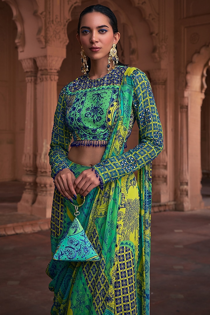 Lime Yellow Georgette & Crepe Thikri Printed Skirt Wedding Saree Set by DiyaRajvvir at Pernia's Pop Up Shop