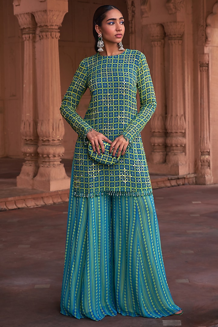 Lime Yellow Georgette Grid Printed & Mirror Embroidered Kurta Set by DiyaRajvvir at Pernia's Pop Up Shop
