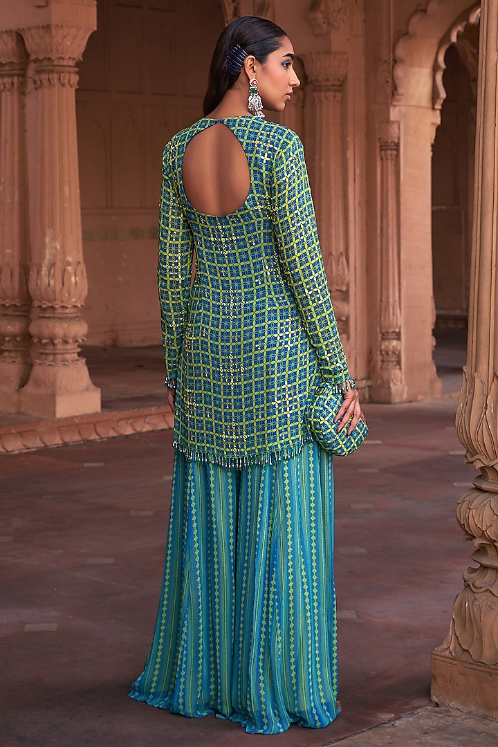 Lime Yellow Georgette Grid Printed & Mirror Embroidered Kurta Set by DiyaRajvvir at Pernia's Pop Up Shop