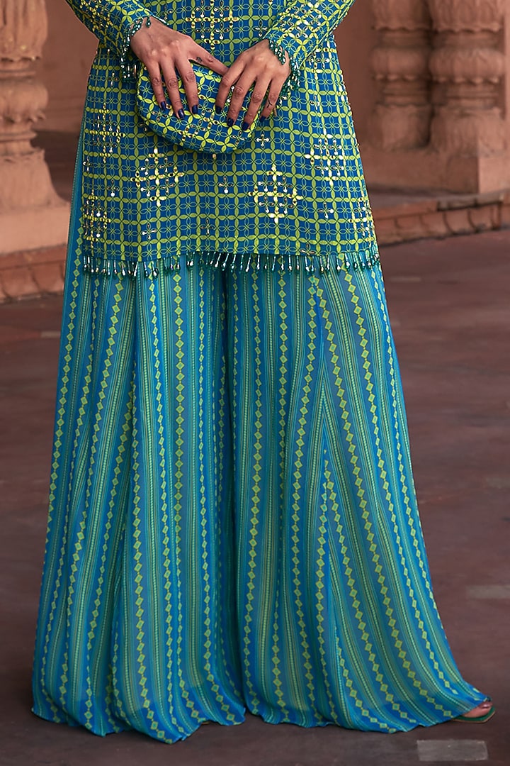 Lime Yellow Georgette Grid Printed & Mirror Embroidered Kurta Set by DiyaRajvvir at Pernia's Pop Up Shop