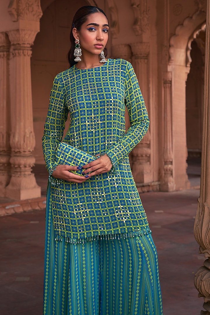 Lime Yellow Georgette Grid Printed & Mirror Embroidered Kurta Set by DiyaRajvvir at Pernia's Pop Up Shop