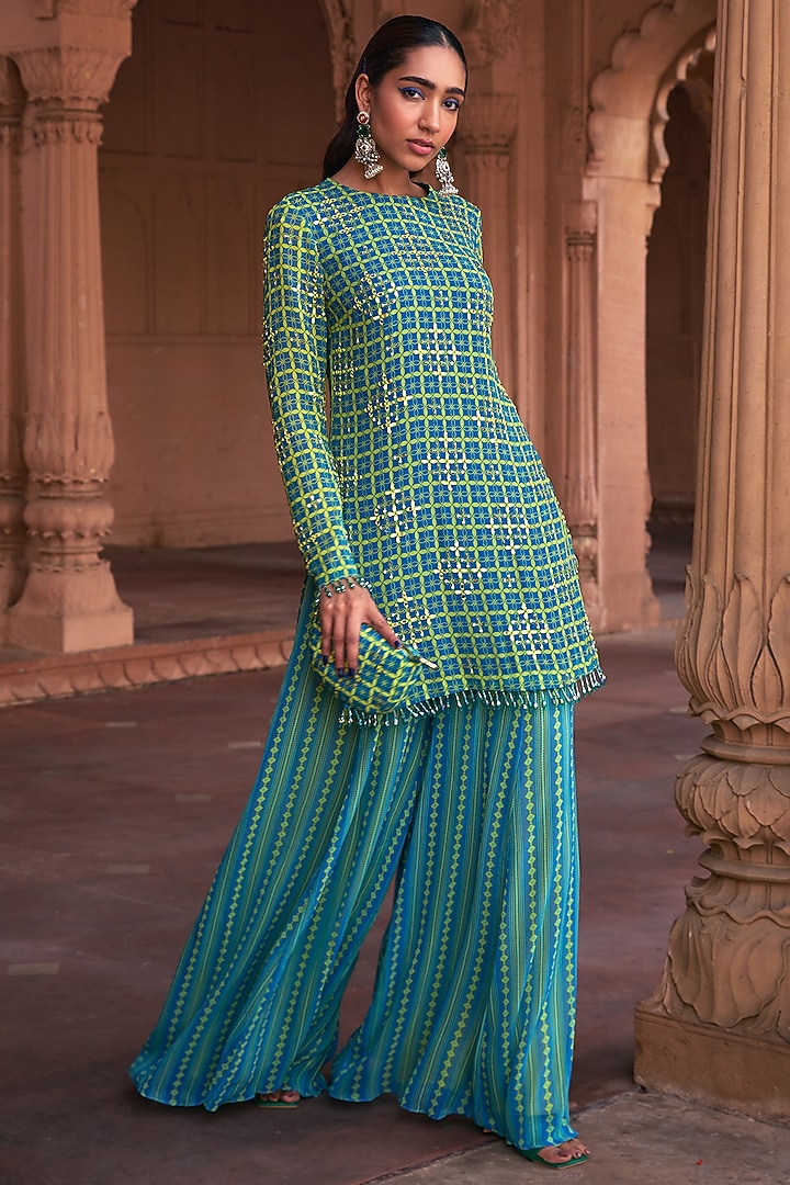 Lime Yellow Georgette Grid Printed & Mirror Embroidered Kurta Set by DiyaRajvvir at Pernia's Pop Up Shop