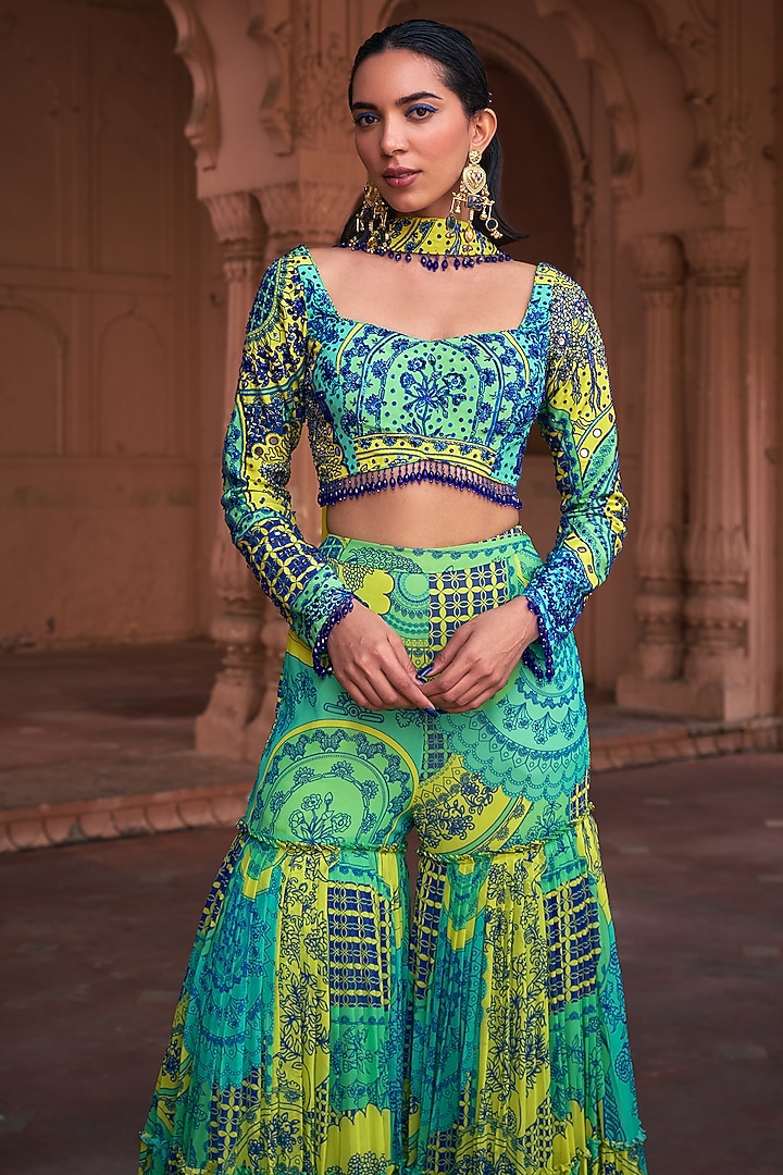 Lime Yellow Crepe & Georgette Thikri Printed Gharara Set by DiyaRajvvir at Pernia's Pop Up Shop