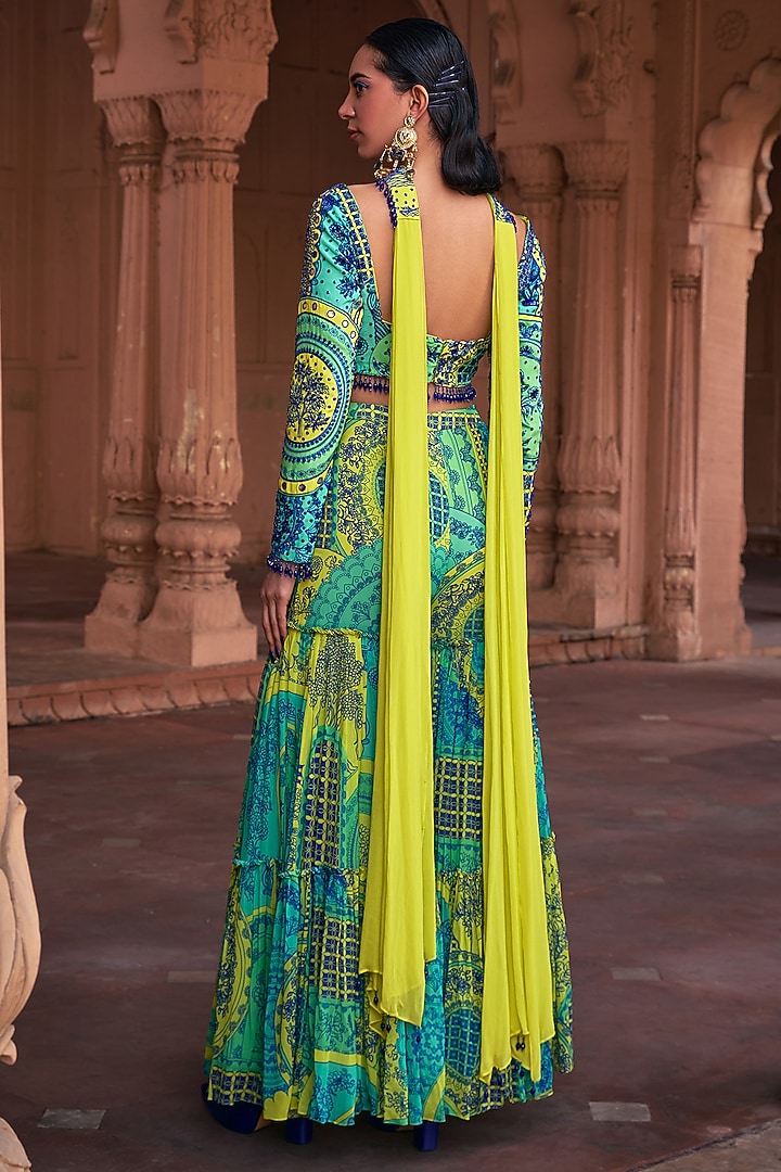 Lime Yellow Crepe & Georgette Thikri Printed Gharara Set by DiyaRajvvir at Pernia's Pop Up Shop