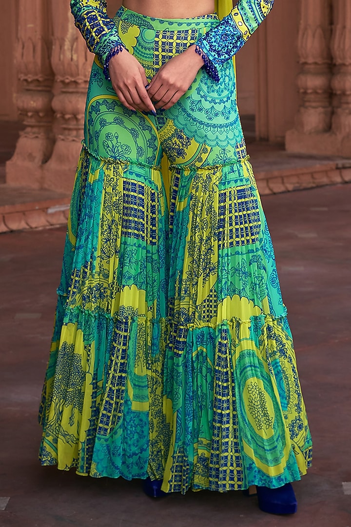 Lime Yellow Crepe & Georgette Thikri Printed Gharara Set by DiyaRajvvir at Pernia's Pop Up Shop