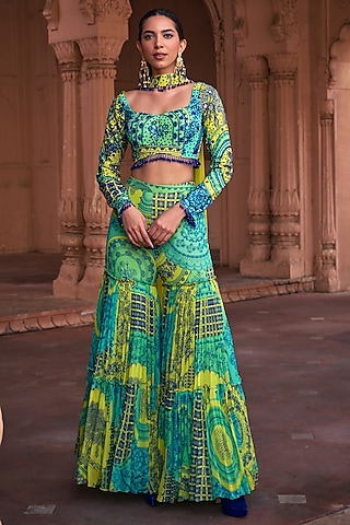 Lime Yellow Crepe & Georgette Thikri Printed Gharara Set by DiyaRajvvir
