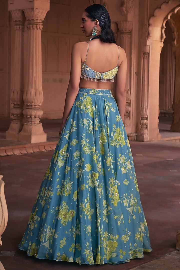 Ice Blue Crepe & Organza Floral Printed Wedding Lehenga Set by DiyaRajvvir at Pernia's Pop Up Shop