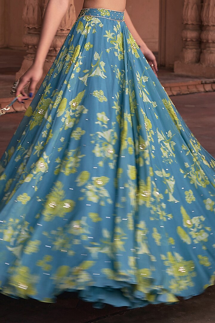 Ice Blue Crepe & Organza Floral Printed Wedding Lehenga Set by DiyaRajvvir at Pernia's Pop Up Shop
