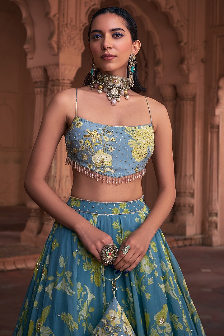 Ice Blue Crepe & Organza Floral Printed Wedding Lehenga Set by DiyaRajvvir at Pernia's Pop Up Shop