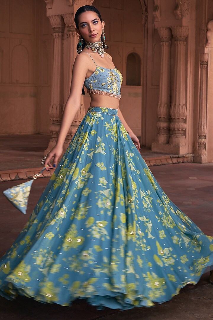 Ice Blue Crepe & Organza Floral Printed Wedding Lehenga Set by DiyaRajvvir at Pernia's Pop Up Shop